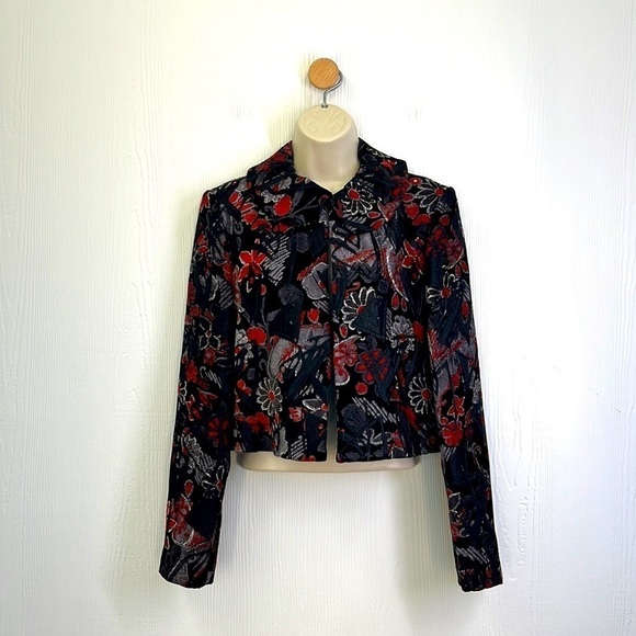 Harve Benard Jackets & Blazers - Harve Benard - Black Embroidered Ruffle Neck Open Long Sleeve Crop Jacket Size 8